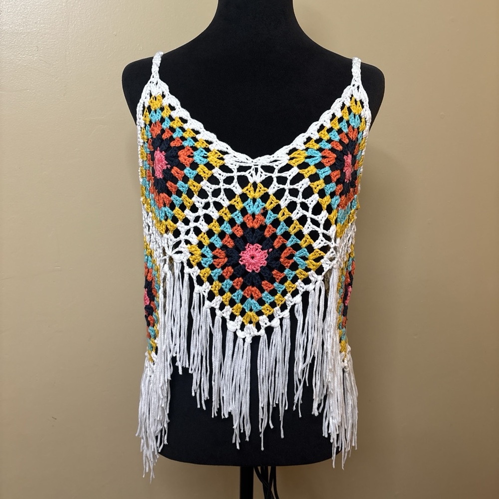 Vivid Colorful Crochet Fringe Top